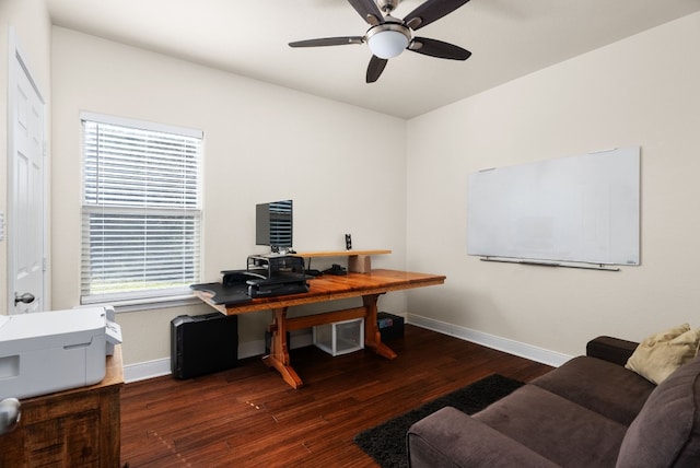 office space featuring ceiling fan, dark wood-type flooring, and a wealth of natural light