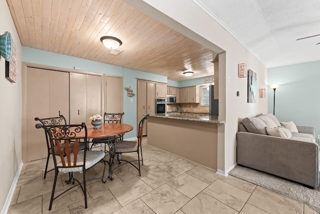 dining space with crown molding, ceiling fan, and wooden ceiling