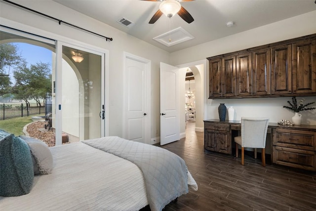 bedroom with ceiling fan and dark hardwood / wood-style flooring