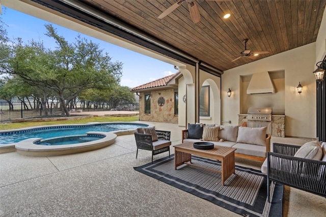 view of patio featuring grilling area, ceiling fan, an outdoor hangout area, and a pool with hot tub