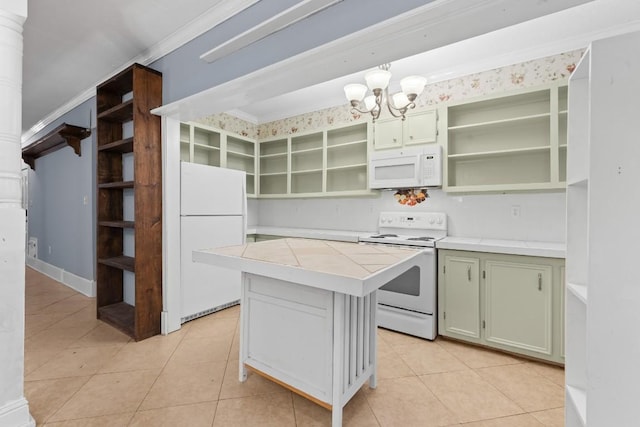 20024 W Lakeshore Dr, Magnolia, TX 77355 - kitchen with white appliances, open shelves, ornamental molding, a chandelier, and tile counters