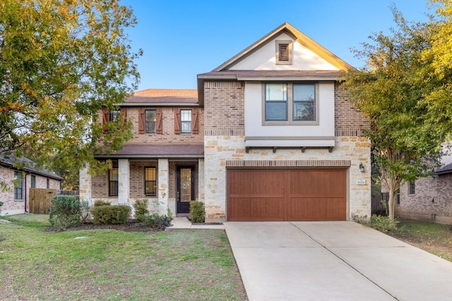 11125 Bastogne Loop, Austin, TX 78739 - view of front facade featuring stone siding, a garage, concrete driveway, and brick siding