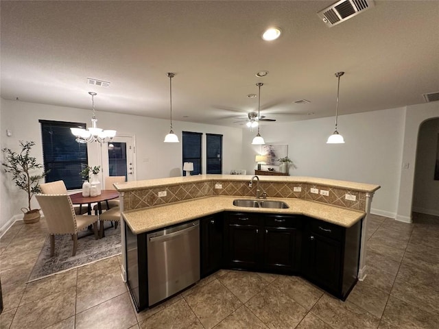 11125 Bastogne Loop, Austin, TX 78739 - kitchen featuring dishwasher, a chandelier, a ceiling fan, tile patterned flooring, and decorative light fixtures