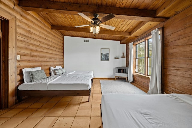 tiled bedroom with rustic walls, ceiling fan, wood ceiling, and vaulted ceiling with beams