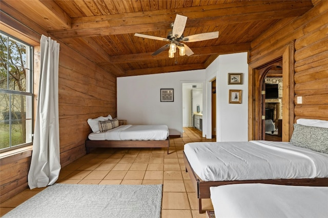 bedroom featuring rustic walls, ceiling fan, wood ceiling, and multiple windows