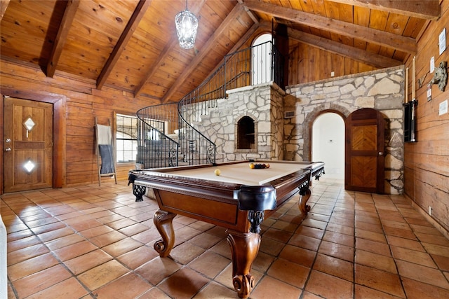 recreation room with beamed ceiling, high vaulted ceiling, billiards, and wood ceiling