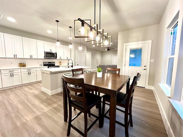 dining area with ceiling fan, light wood-type flooring, and sink