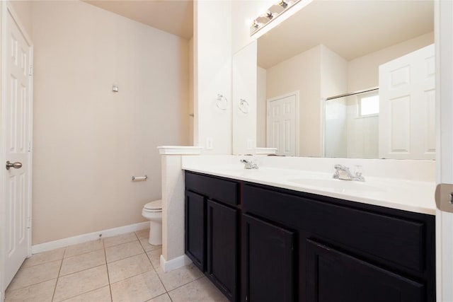 bathroom featuring tile patterned flooring, vanity, toilet, and walk in shower