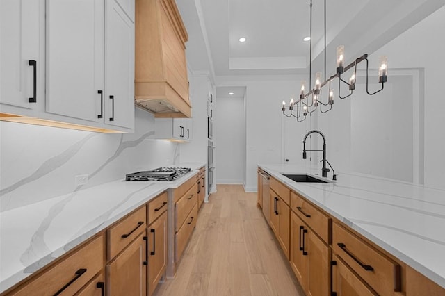 790 Old Stone Rd, Austin, TX 78737 - kitchen with a sink, light wood-style flooring, light stone counters, a tray ceiling, and stainless steel appliances