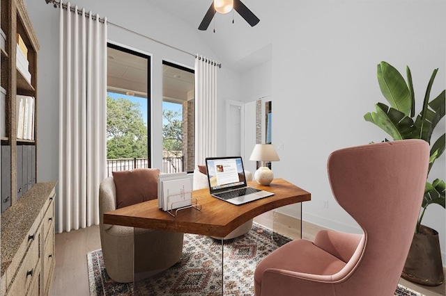 790 Old Stone Rd, Austin, TX 78737 - office area with light wood-type flooring, a ceiling fan, and lofted ceiling