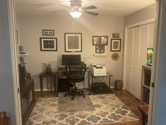 office area with ceiling fan and dark wood-type flooring