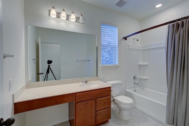 full bathroom with shower / bath combo, toilet, and vanity