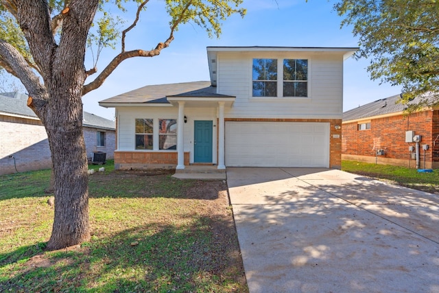 view of front of home with a front yard, a garage, and central air condition unit