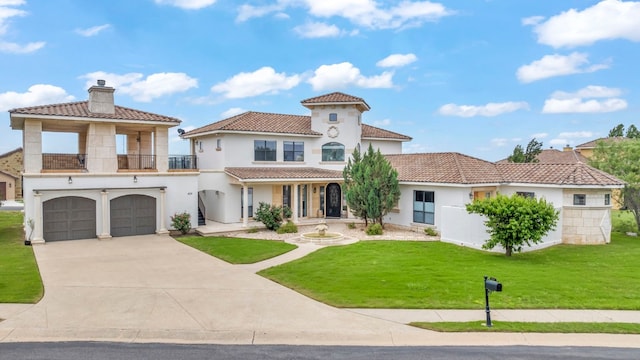 mediterranean / spanish home with a garage, a balcony, and a front yard