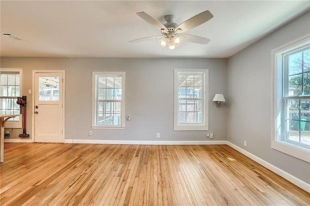 unfurnished room featuring plenty of natural light, light hardwood / wood-style floors, and ceiling fan