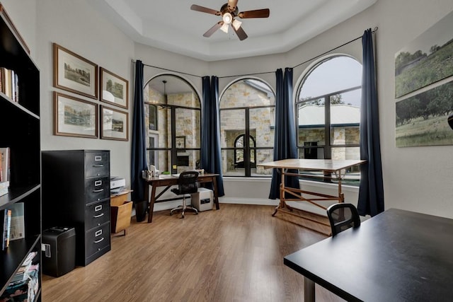 home office featuring ceiling fan, a raised ceiling, and wood-type flooring