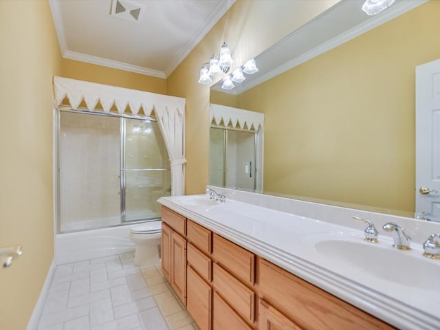 full bathroom featuring a notable chandelier, tile patterned floors, bath / shower combo with glass door, vanity, and ornamental molding