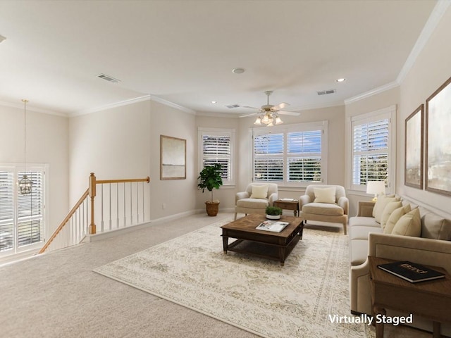 carpeted living room with ceiling fan and crown molding