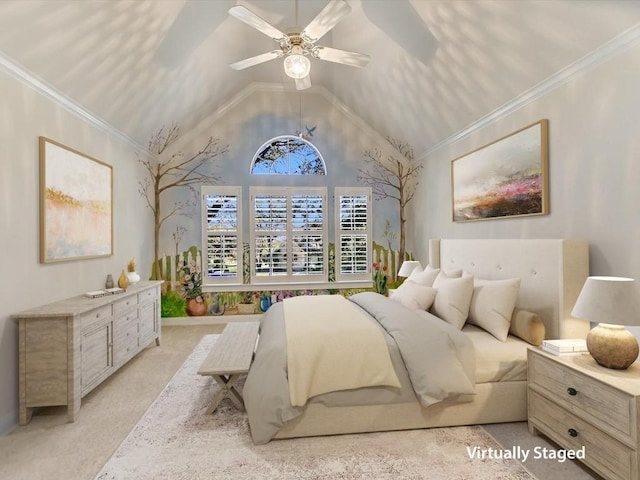 bedroom with crown molding, ceiling fan, light carpet, and lofted ceiling