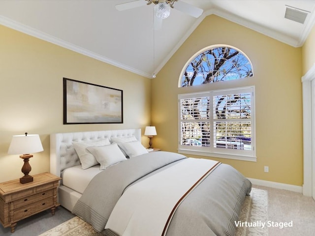 bedroom featuring ceiling fan, light colored carpet, crown molding, and high vaulted ceiling