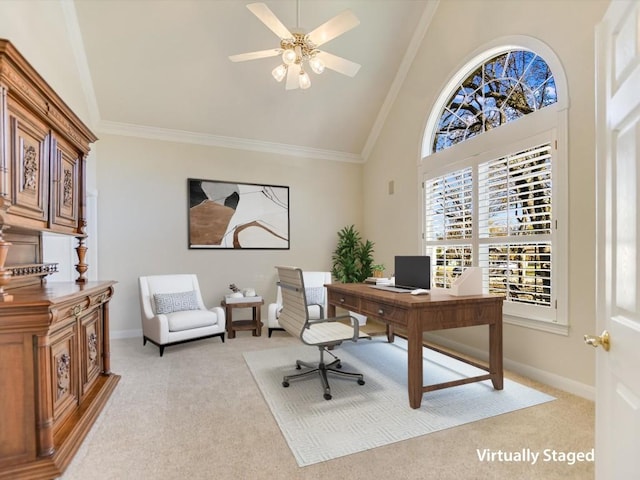 office area with light carpet, high vaulted ceiling, ceiling fan, and crown molding