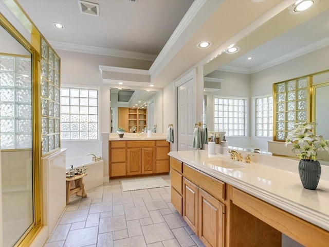 bathroom featuring vanity, independent shower and bath, and ornamental molding