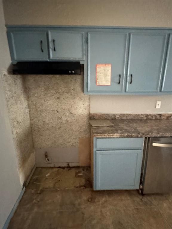 kitchen with stainless steel dishwasher and blue cabinets