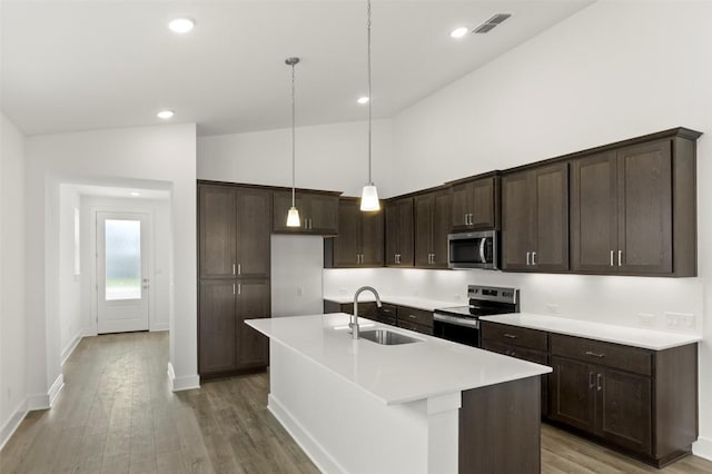1117 Yaupon Holly Dr, Georgetown, TX 78628 - kitchen featuring a sink, dark brown cabinetry, stainless steel appliances, and light wood-style flooring