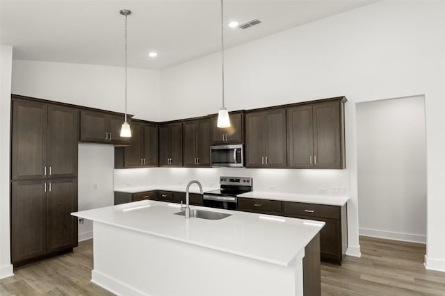 1117 Yaupon Holly Dr, Georgetown, TX 78628 - kitchen featuring a sink, stainless steel appliances, dark brown cabinets, and light wood-style floors