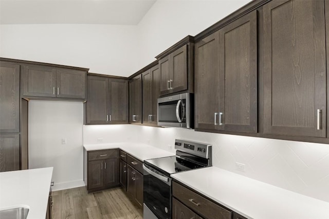 1117 Yaupon Holly Dr, Georgetown, TX 78628 - kitchen with light wood-type flooring, light countertops, appliances with stainless steel finishes, and dark brown cabinets