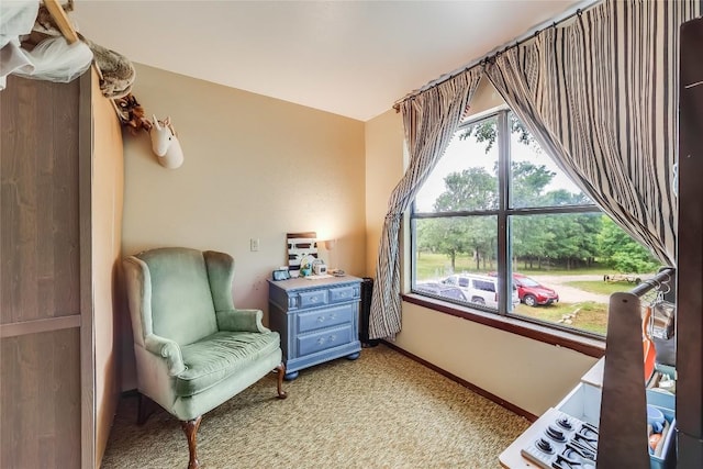 sitting room featuring light colored carpet