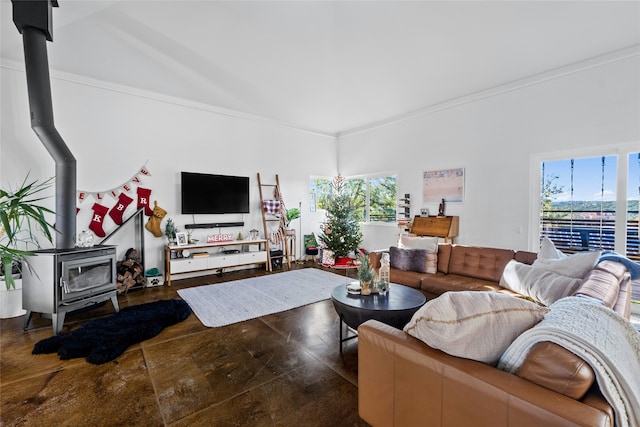 living room featuring ornamental molding and a wood stove