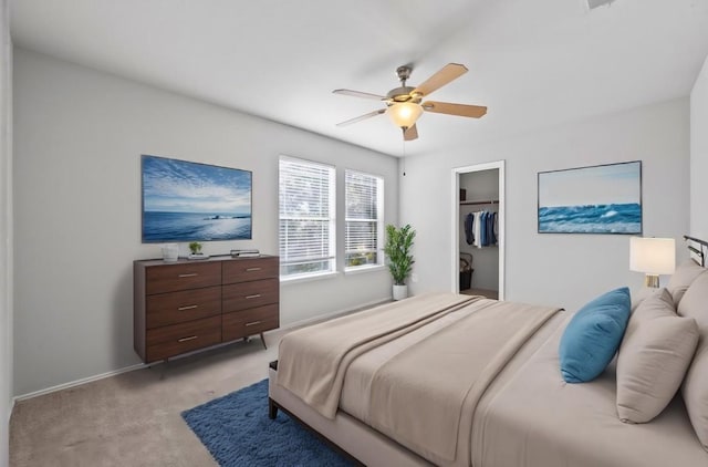 carpeted bedroom featuring a walk in closet, a closet, and ceiling fan