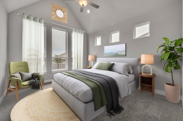 325 Crescent Heights Dr, Georgetown, TX 78628 - carpeted bedroom with a ceiling fan, high vaulted ceiling, and recessed lighting