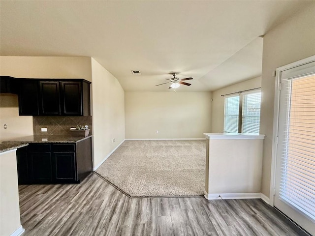 100 Wilson Ct, Hutto, TX 78634 - kitchen featuring ceiling fan, decorative backsplash, light wood-style flooring, stone countertops, and lofted ceiling