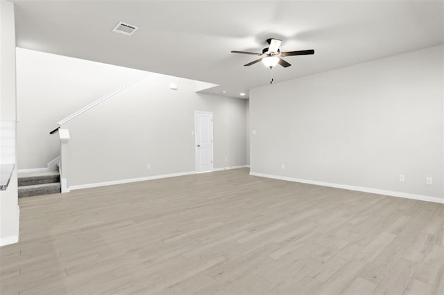 unfurnished living room with ceiling fan and light hardwood / wood-style flooring