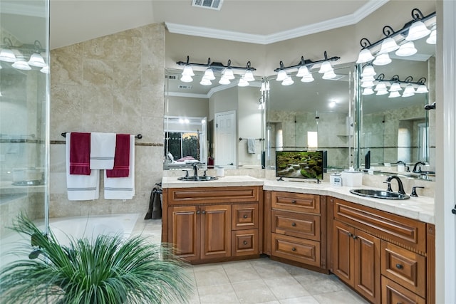 bathroom featuring vanity, an enclosed shower, and crown molding