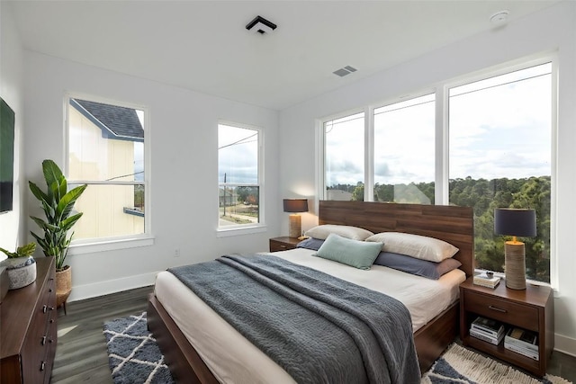 bedroom featuring multiple windows and dark wood-type flooring