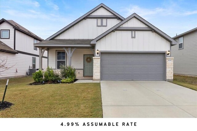 view of front facade with a front lawn, a garage, a porch, and cooling unit