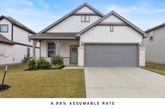 view of front of house with central AC unit, a garage, a front yard, and a porch