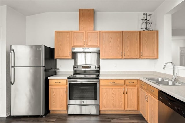 kitchen featuring sink, dark wood-type flooring, light brown cabinets, and appliances with stainless steel finishes