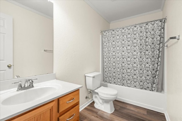 full bathroom featuring crown molding, wood-type flooring, toilet, vanity, and shower / tub combo