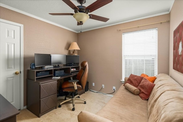 home office with ceiling fan, crown molding, and light carpet