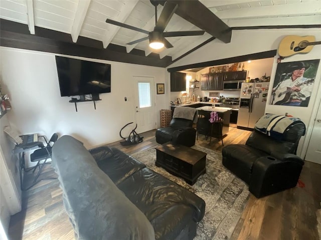 living room featuring ceiling fan, light hardwood / wood-style flooring, and lofted ceiling with beams