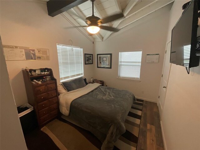 bedroom with beamed ceiling, ceiling fan, dark hardwood / wood-style flooring, and high vaulted ceiling