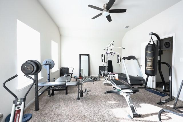 exercise area with carpet floors, ceiling fan, and lofted ceiling