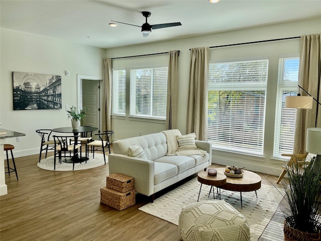 living room with hardwood / wood-style floors and ceiling fan