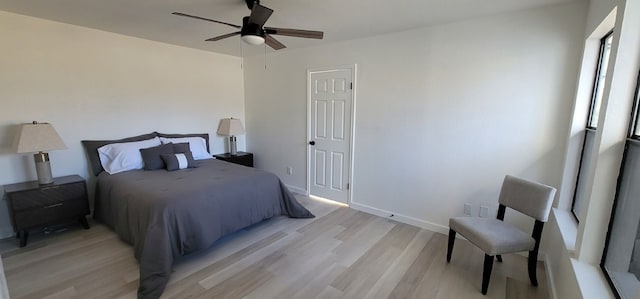 bedroom with ceiling fan and light wood-type flooring