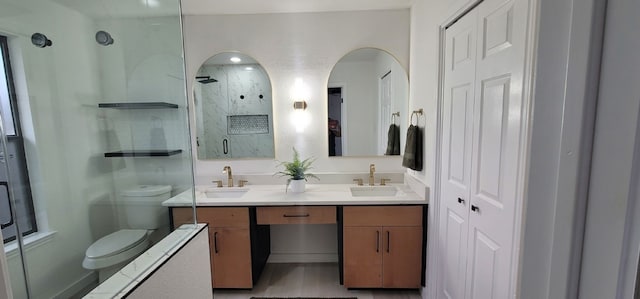 bathroom featuring vanity, toilet, and a shower with shower door