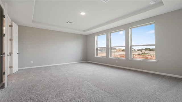 empty room with a raised ceiling and carpet floors